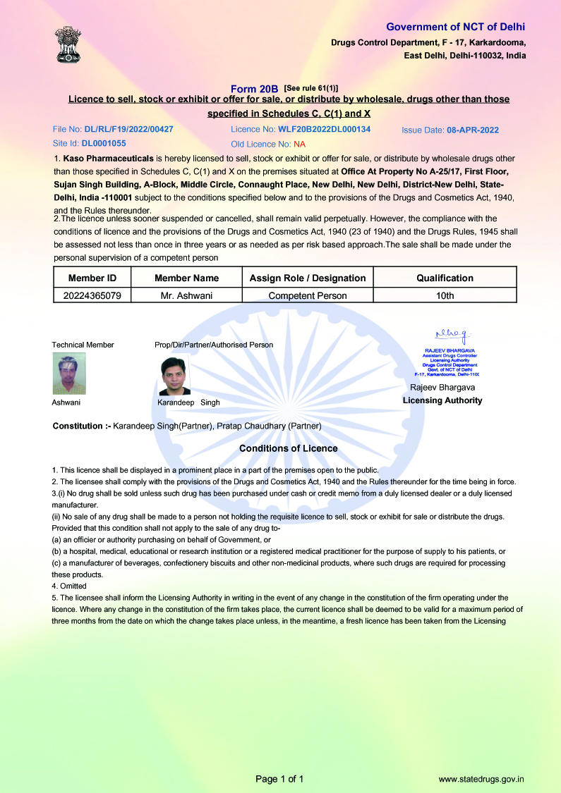 kaso pharmaceuticals license Government of NCT of Delhi 