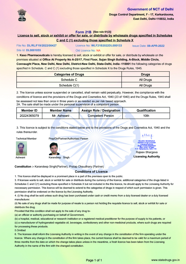 kaso pharmaceuticals license Government of NCT of Delhi 