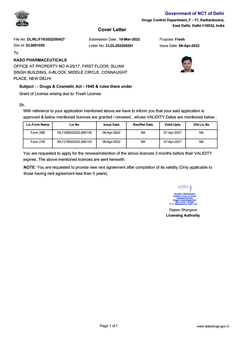 kaso pharmaceuticals license Government of NCT of Delhi 